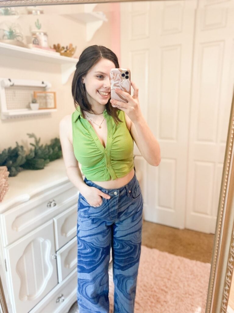 Green Ruched Sleeveless Top Marbled Jeans Green Ruched Sleeveless Top Marbled Jeans — Trendy Y2K Style