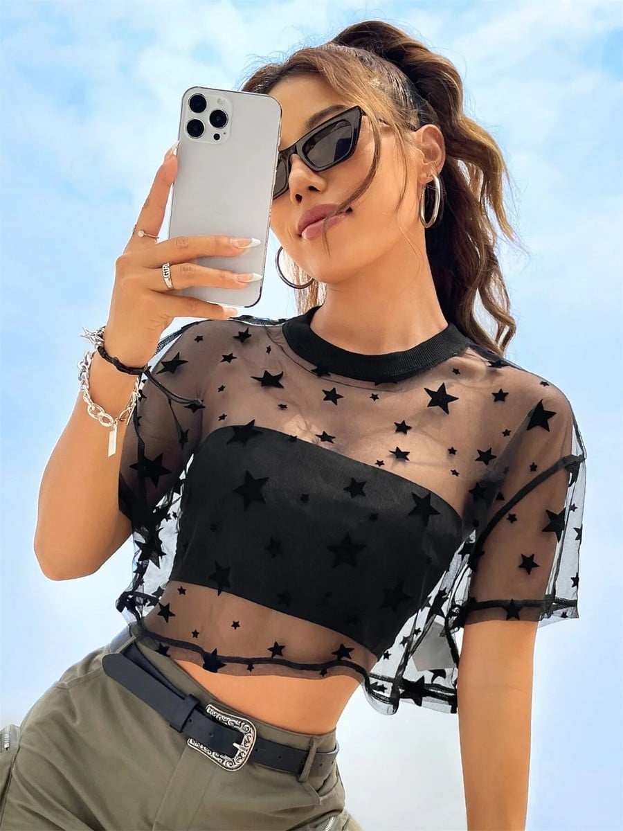 Star Print Mesh Crop Top Bandeau, Close-Up Take Star Print Mesh Crop Top Bandeau, Close-Up Take — Trendy Y2K Style
