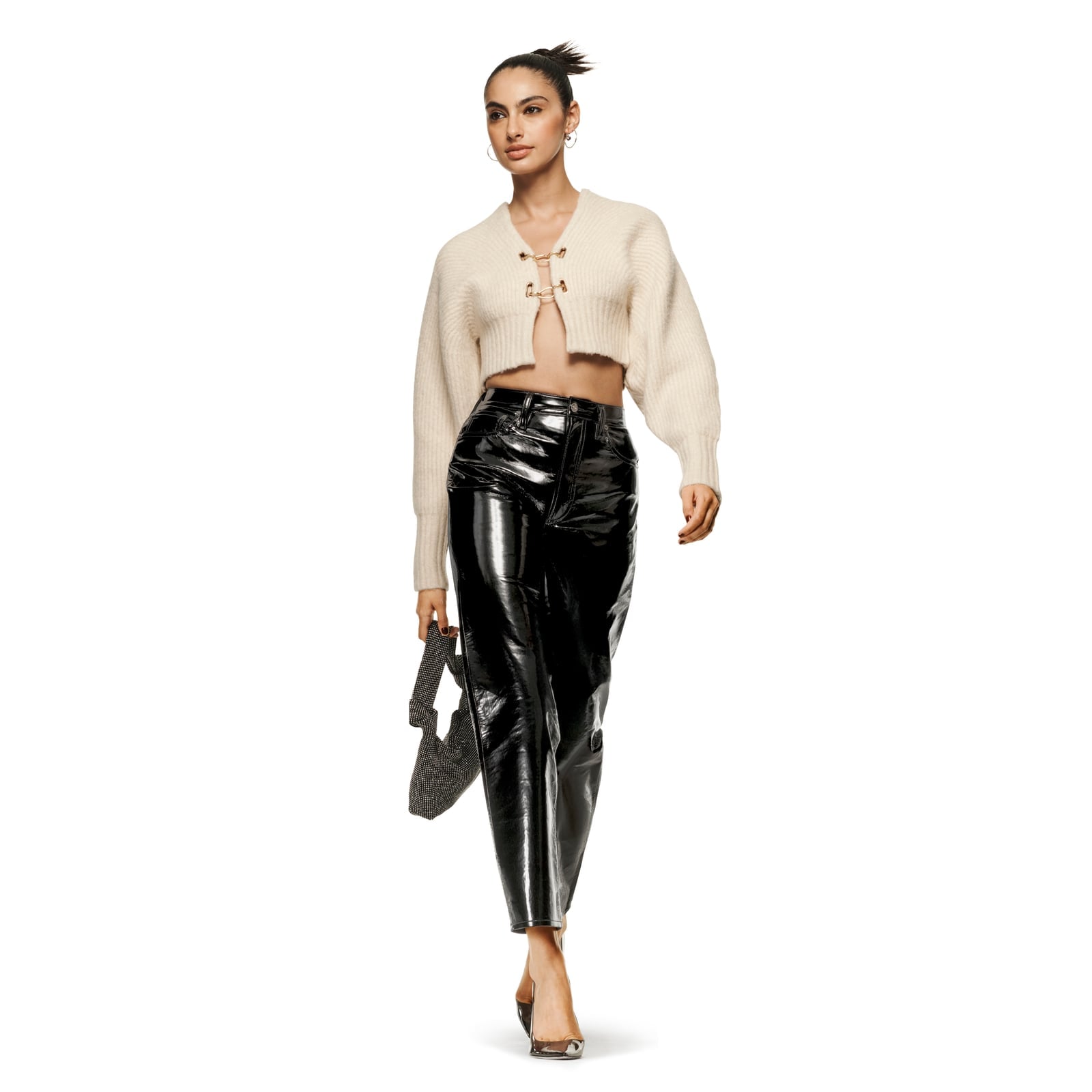 Cropped Cardigan Patent Leather Midi Skirt With Small Embellished Bag Cropped Cardigan Patent Leather Midi Skirt With Small Embellished Bag — Trendy Y2K Style