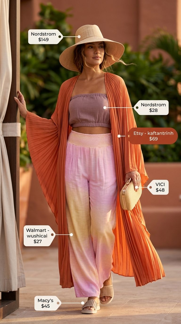 Caftan lounge style: Tropical summer vacation outfits for women 2026 featuring a terracotta caftan dress and straw hat.