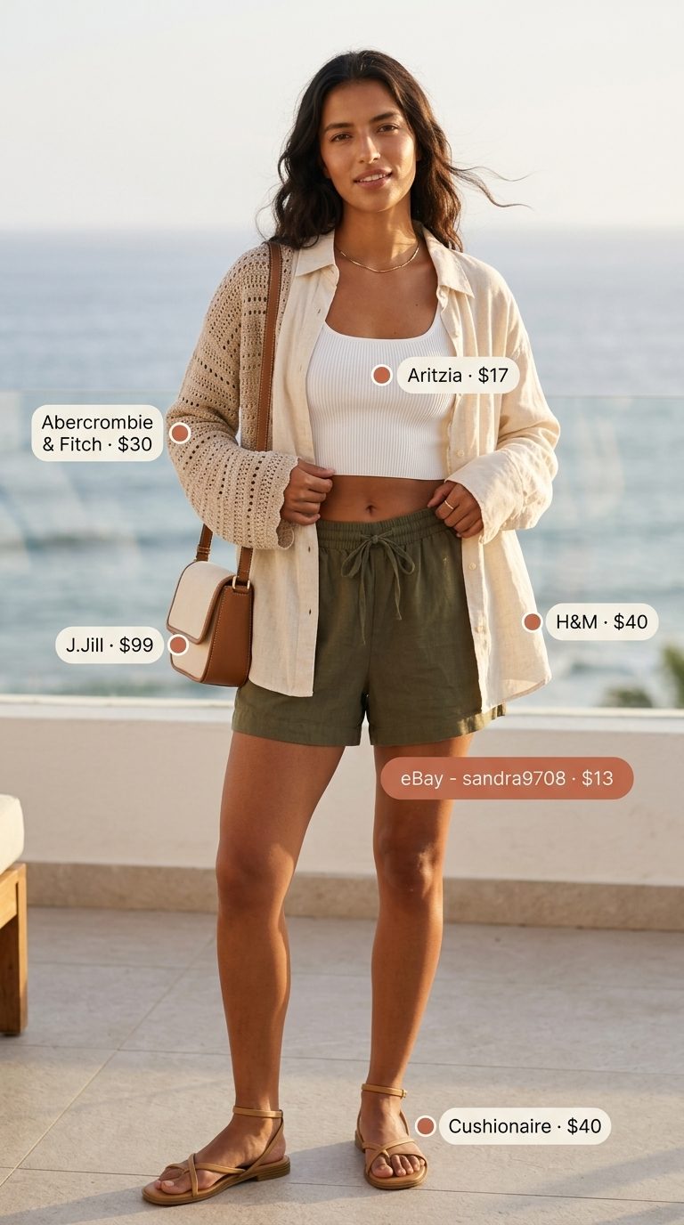 Island explorer casual: Tropical summer vacation outfits for women 2026 with olive green shorts and oversized linen shirt.