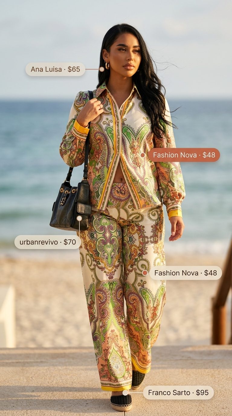 Vibrant jungle jumpsuit: Tropical summer vacation outfits for women 2026 with an emerald green wide-leg jumpsuit.