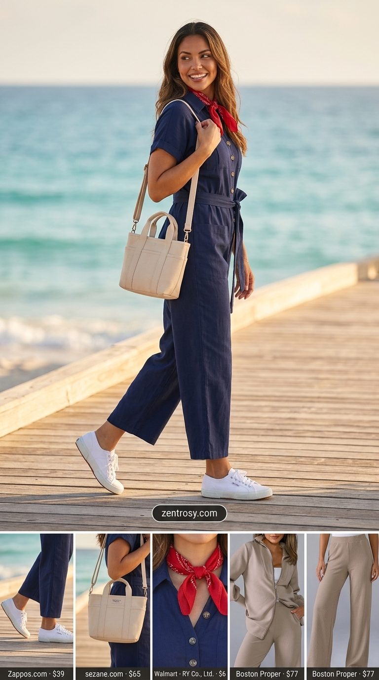 Coastal town explorer: Tropical summer vacation outfits for women 2026 featuring a navy utility romper and white sneakers.