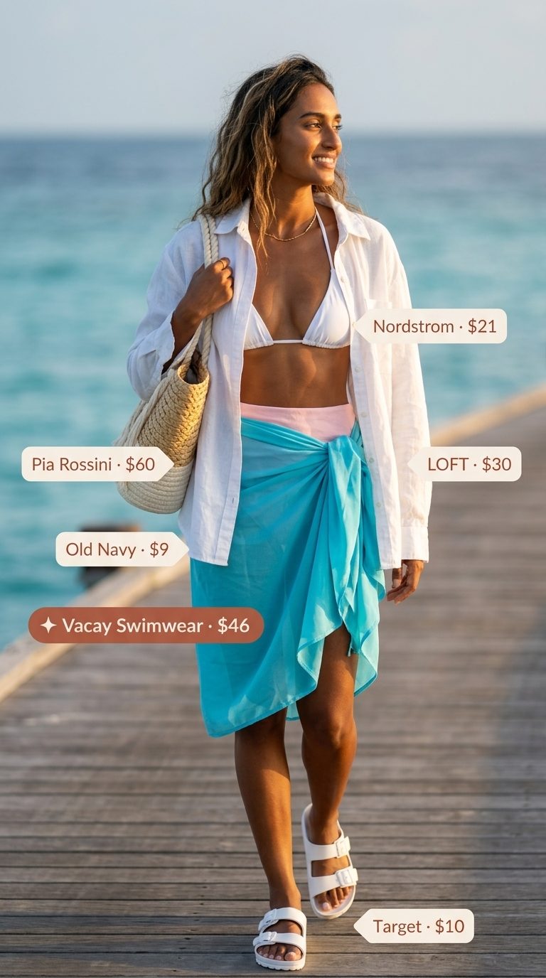 Tropical summer vacation outfits for women 2026: Aqua sarong skirt, white linen shirt, straw tote, slides for poolside chic.