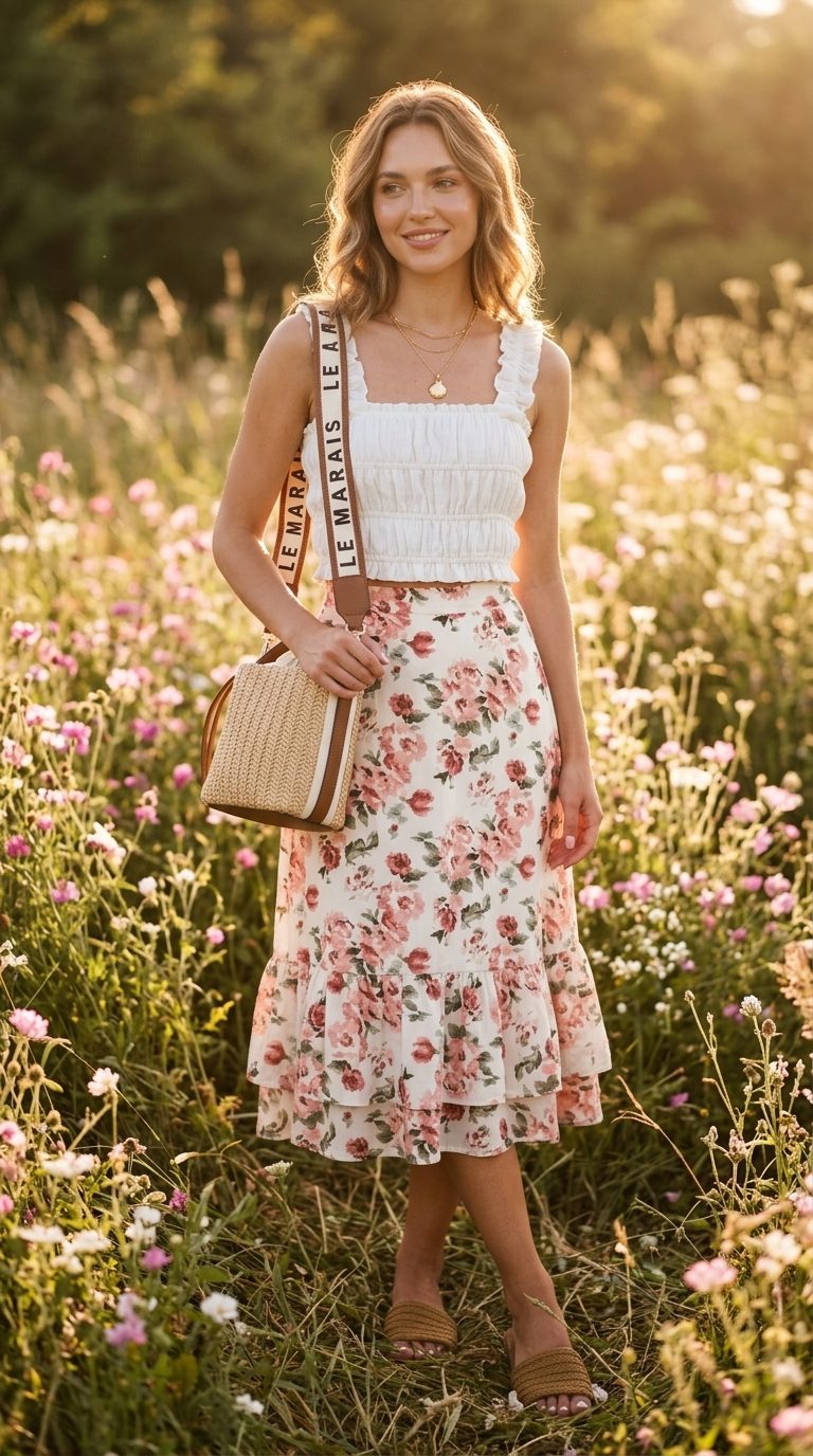 Tropical summer vacation outfits for women 2026: Floral midi skirt, cream camisole, woven bag, espadrille slides for beach walk.