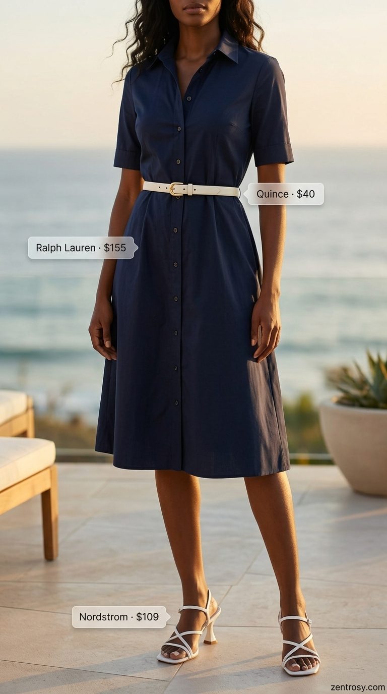 Tropical summer vacation outfits for women 2026: Navy midi shirt dress, white heels, red clutch for elegant oceanfront dinner.