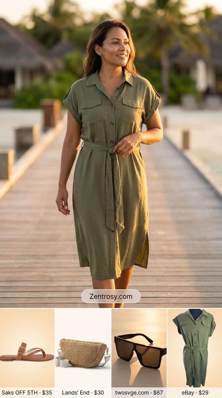 Tropical summer vacation outfits for women 2026: Olive utility dress, tan slides, straw crossbody for safari island adventure.