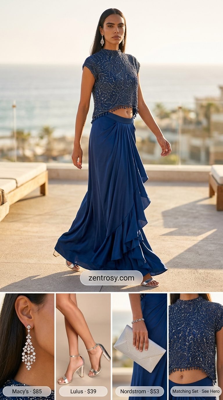 Tropical summer vacation outfits for women 2026: Sapphire blue satin set, silver heels, clutch for glamorous island nights.