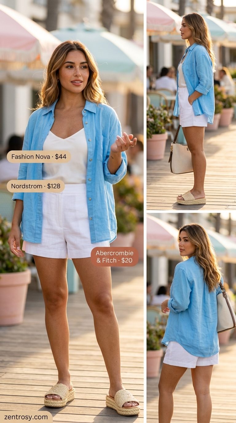 Tropical summer vacation outfits for women 2026: White linen shorts, sky blue oversized shirt, woven slides for seaside café lunch.
