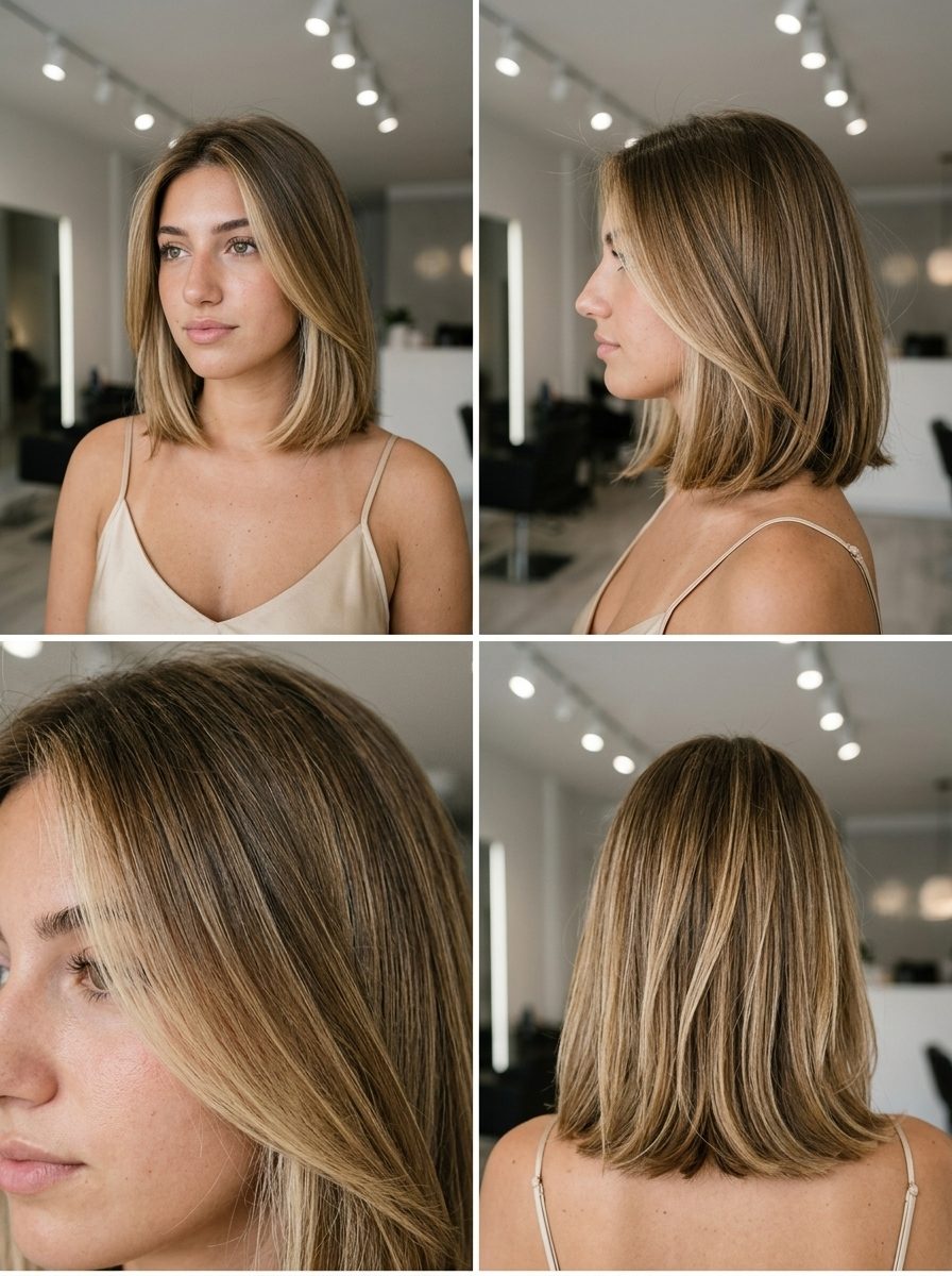 long vanilla honey underlights with creamy blonde, hidden panels, blunt bob — playful subtle modern hair