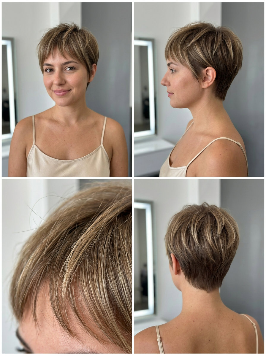short vanilla babylights crop with sun-kissed ends, wispy fringe for summer