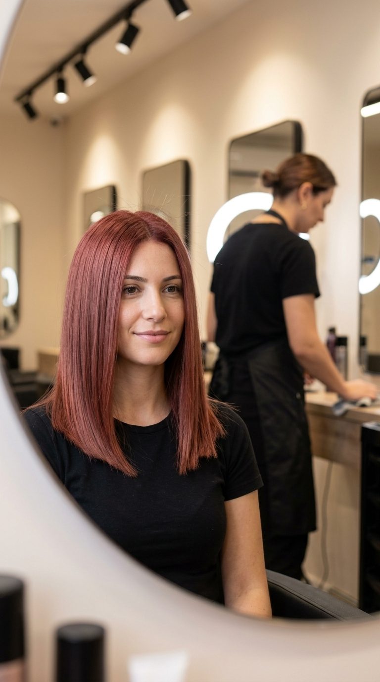 medium strawberry blonde hair color with velvet rose undertones, deep saturated hue — sophisticated luxurious style
