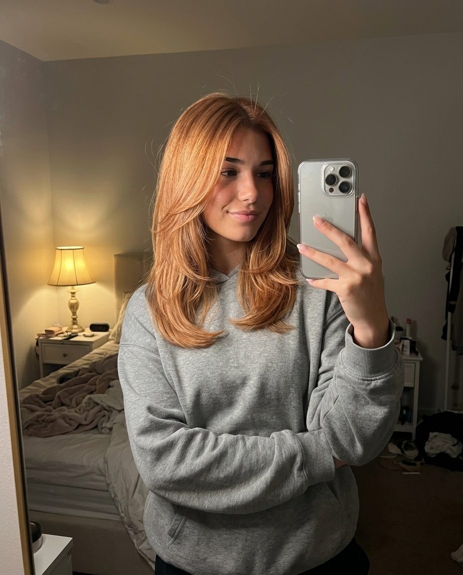 long strawberry blonde hair color with Venetian glaze, copper-gold undertones — soft natural warm style