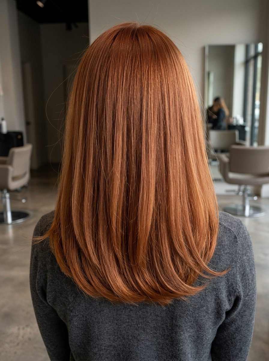 long venetian red-blonde single process with deep copper-strawberry, uniform rich hue — bold classic Hollywood look