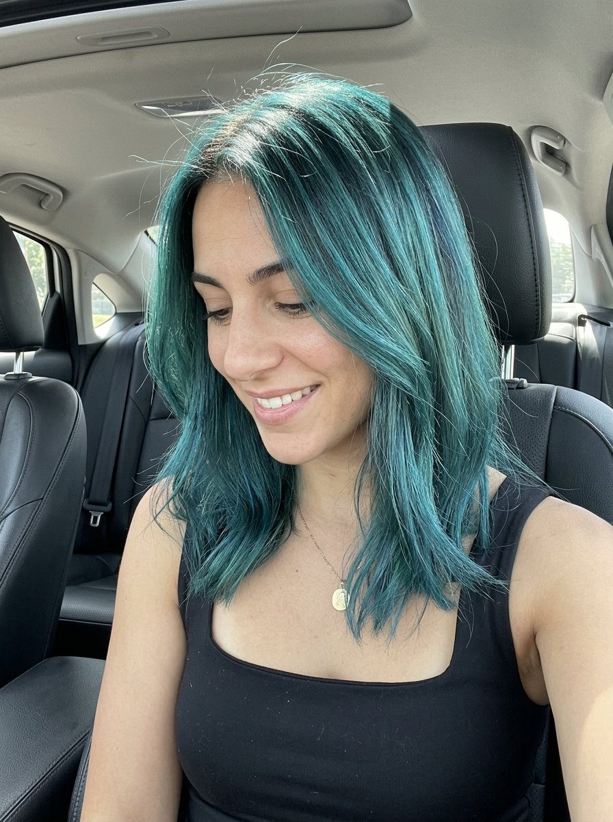 Teal Tides Air Touch Balayage 2026 long layered air touch balayage with vibrant teal, deep turquoise, subtle aqua, no fringe — bold summer vacation look