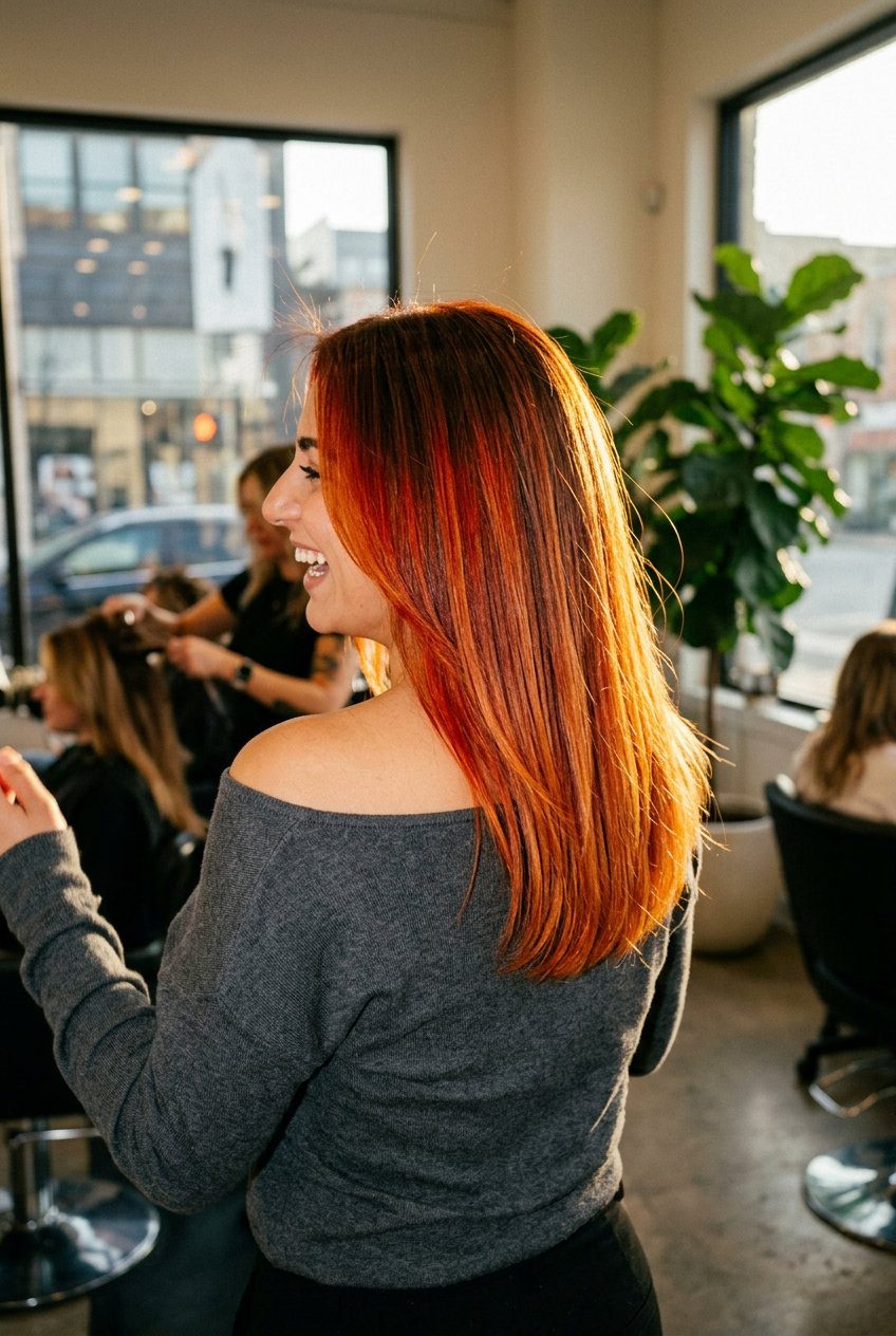 long balayage with vivid blood orange copper, root smudge glaze, no fringe — bold music festival look