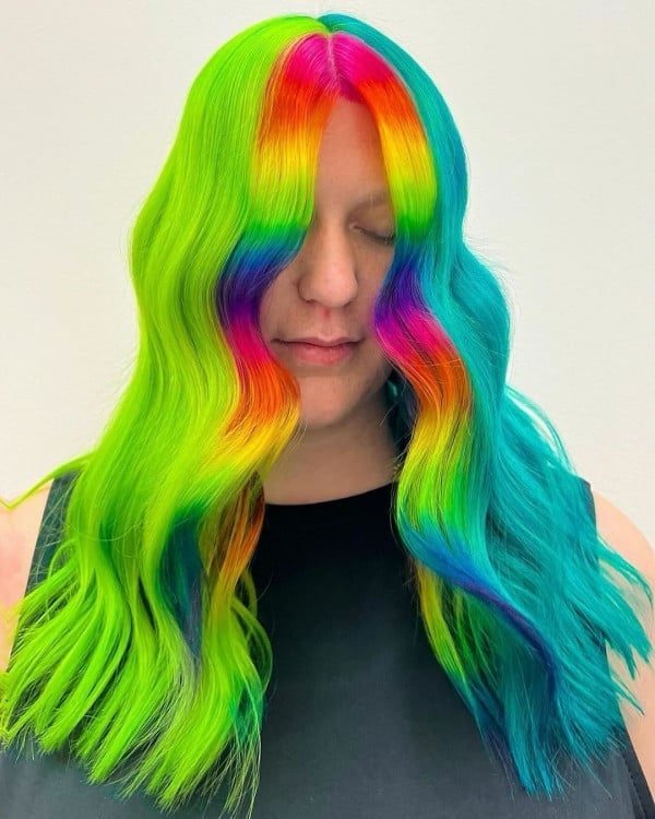 Mid-Back Neon Green With Rainbow Streaks — Vivid Hair Color Inspiration