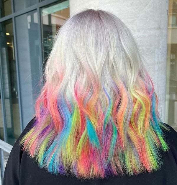 Collarbone Lob With Rainbow Streaks — Vivid Hair Color Inspiration