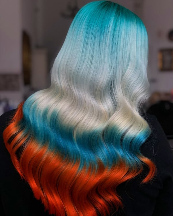 Mid-Back Blue, White, Orange Color Melt — Vivid Hair Color Inspiration