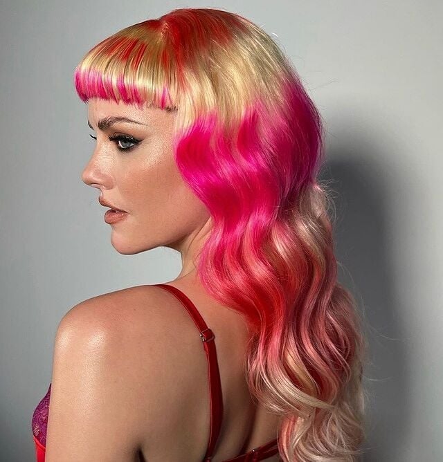 Mid-Back Pink, Red, Blonde Color Melt With Micro Bangs — Vivid Hair Color Inspiration