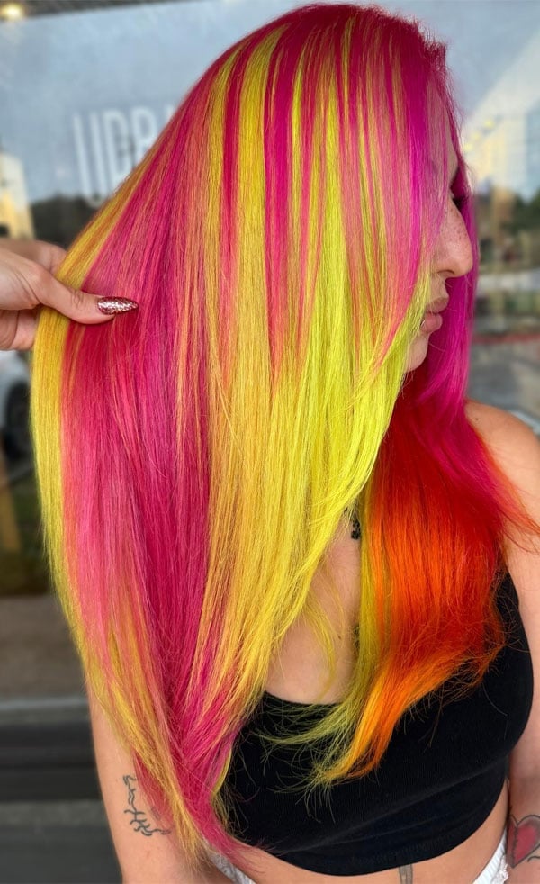 Mid-Back Neon Pink And Yellow Streaks — Vivid Hair Color Inspiration