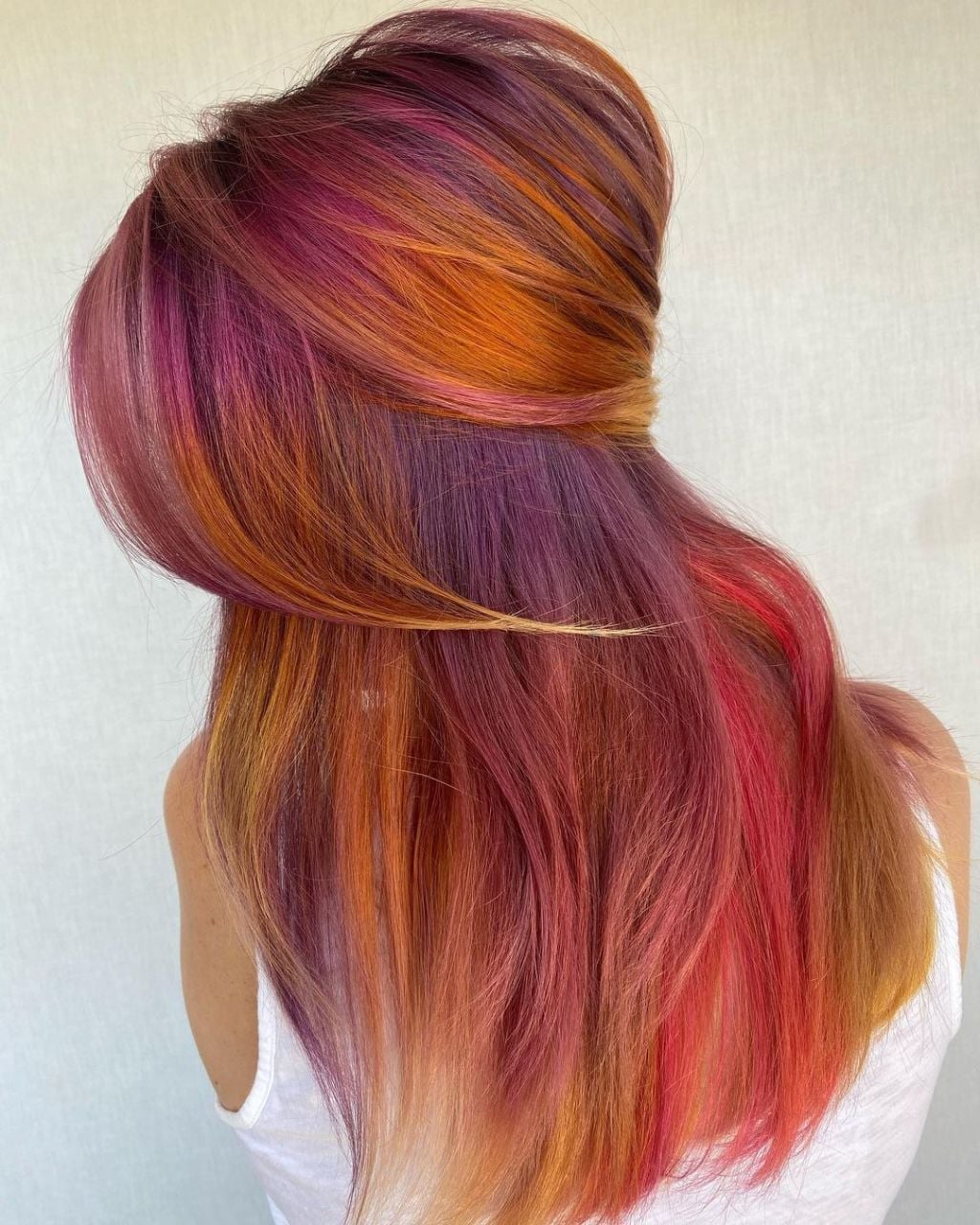 Mid-Back Fiery Red, Orange, Pink Color Melt — Vivid Hair Color Inspiration