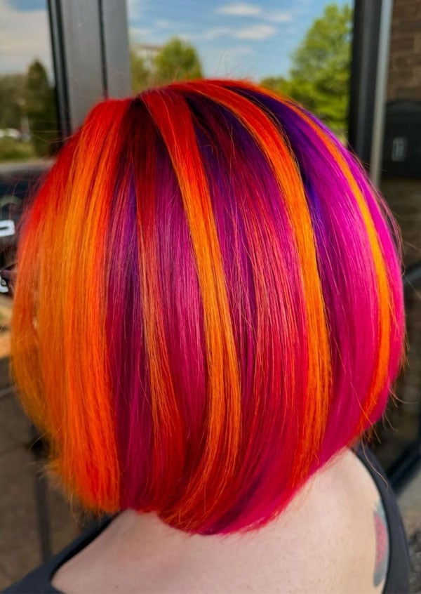 Collarbone Bob With Orange, Pink, Purple Stripes — Vivid Hair Color Inspiration