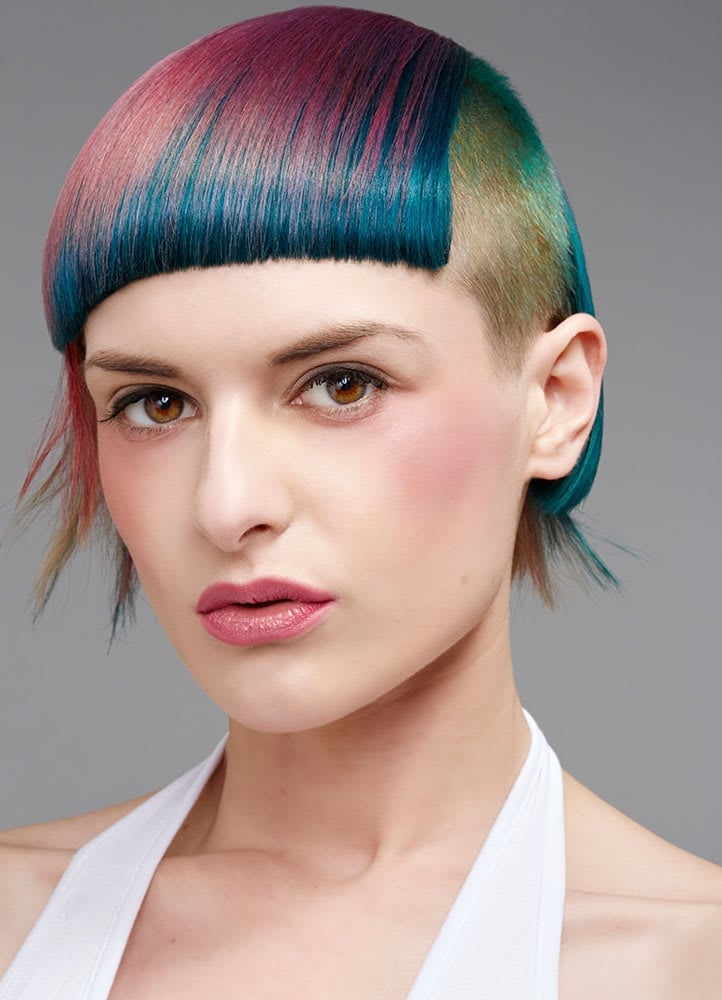 Bowl Cut With Pink, Teal, Green, Red Color Blocking — Vivid Hair Color Inspiration