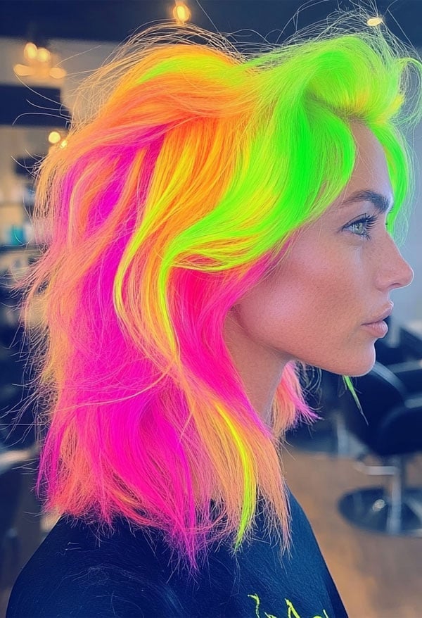 Collarbone Shag With Neon Pink, Yellow, Green Melt — Vivid Hair Color Inspiration