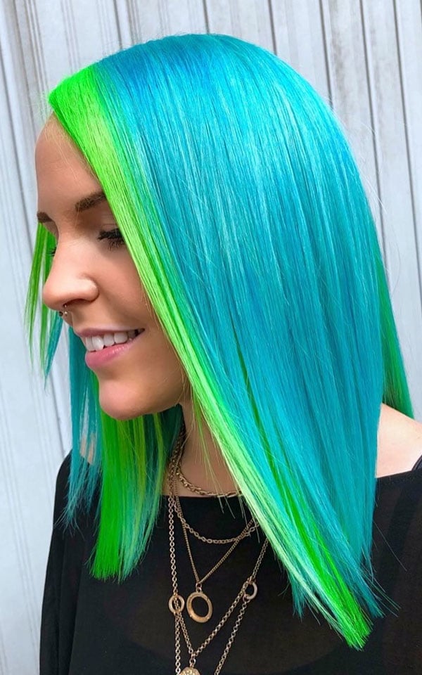 Collarbone Blunt Bob Neon Aqua With Green Highlights — Vivid Hair Color Inspiration