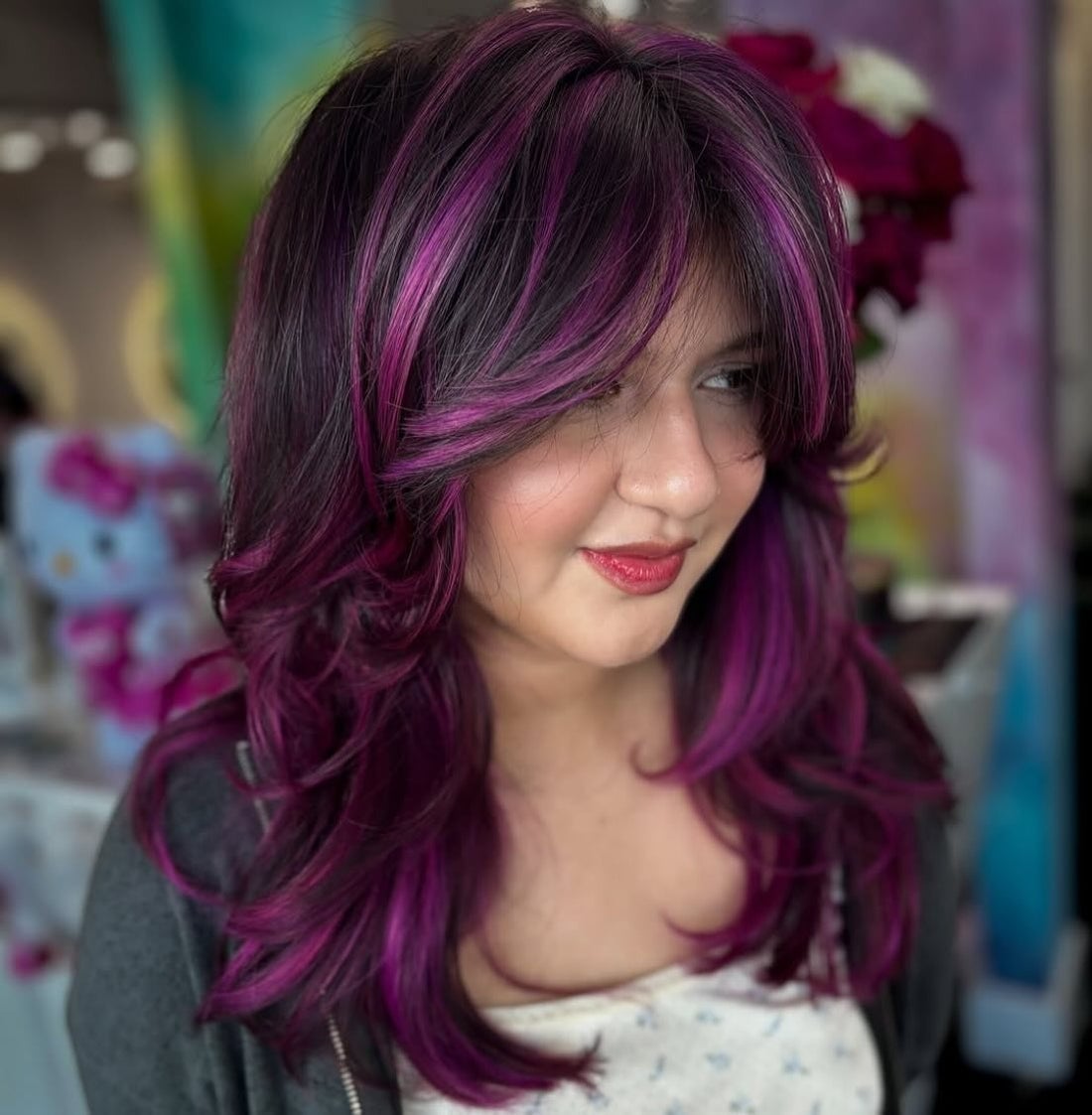 Mid-Back Layered With Vivid Purple Highlights — Vivid Hair Color Inspiration
