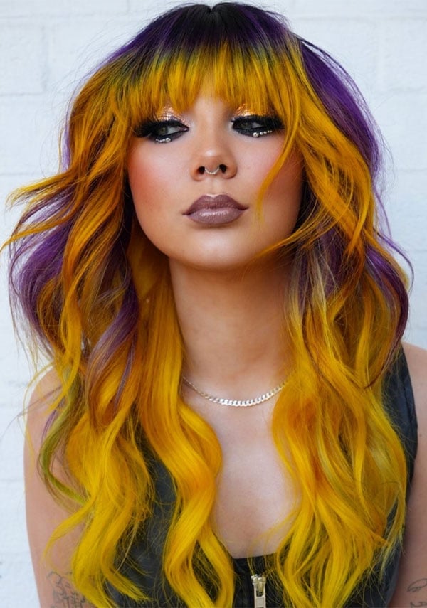 Collarbone Layers With Yellow And Purple Melt — Vivid Hair Color Inspiration
