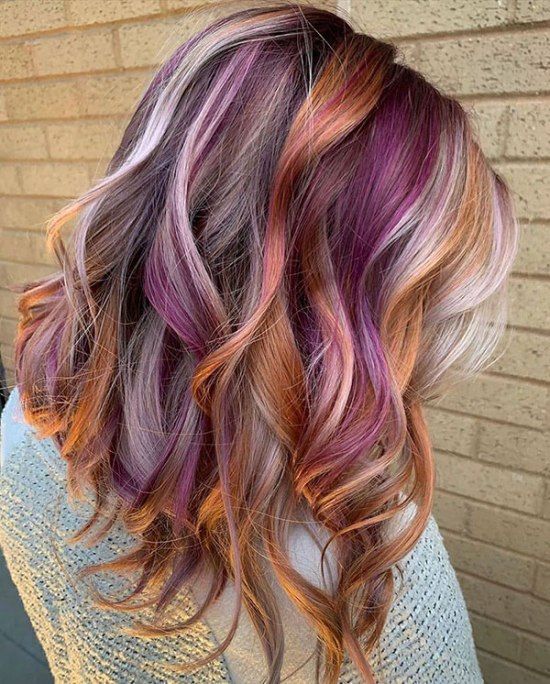 Collarbone Layers With Purple, Pink, Orange Melt — Vivid Hair Color Inspiration