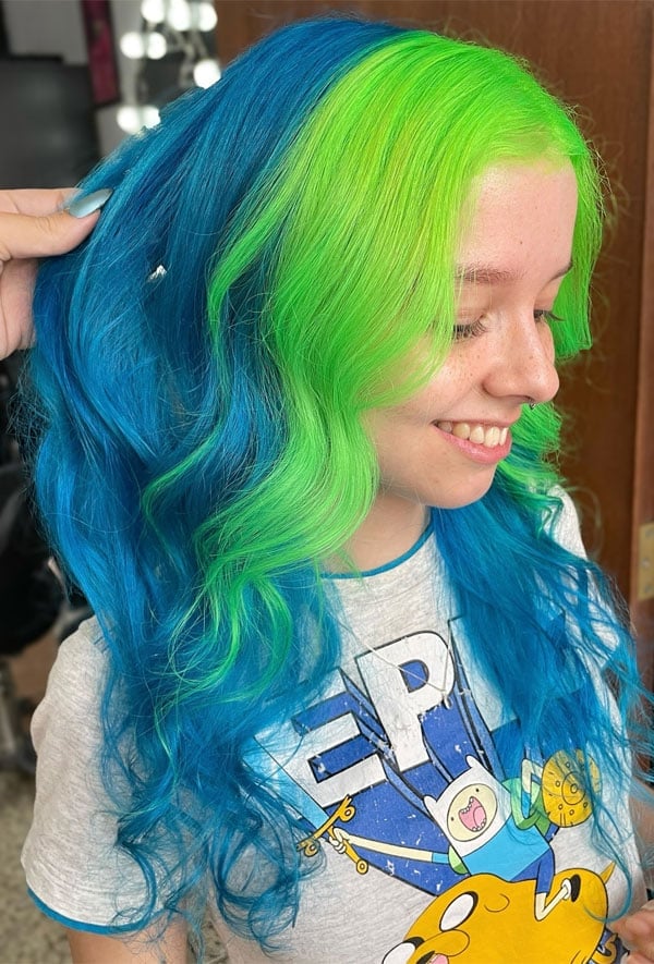 Mid-Back Curtain Bangs With Neon Green And Blue Melt — Vivid Hair Color Inspiration