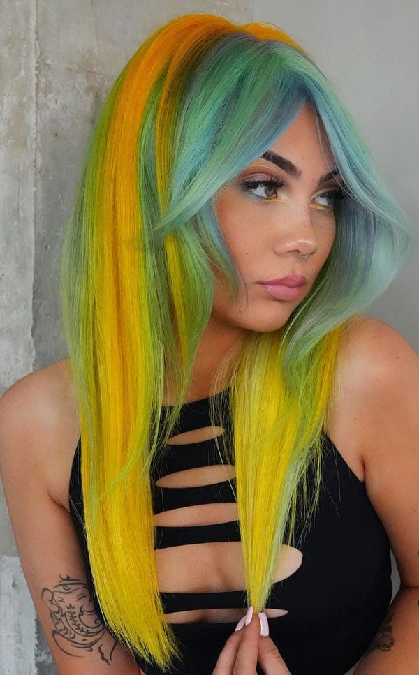 Mid-Back Curtain Bangs With Rainbow Color Melt — Vivid Hair Color Inspiration