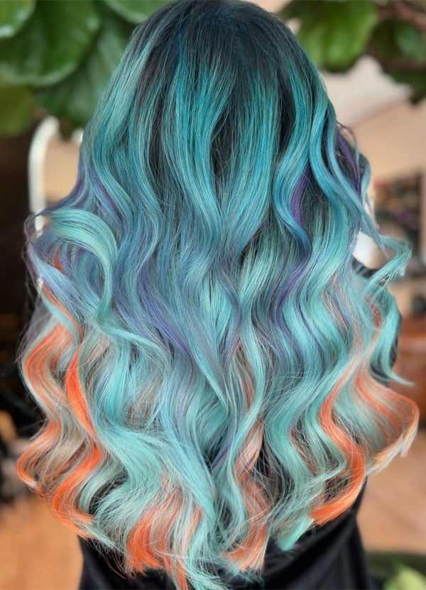 Mid-Back Vivid Teal With Orange And Purple Tips — Vivid Hair Color Inspiration