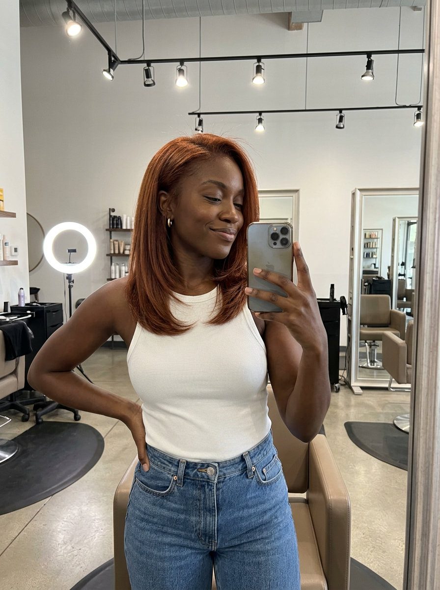 shoulder-length auburn bob with all-over toner, no fringe, subtle brown undertone — sophisticated brunch