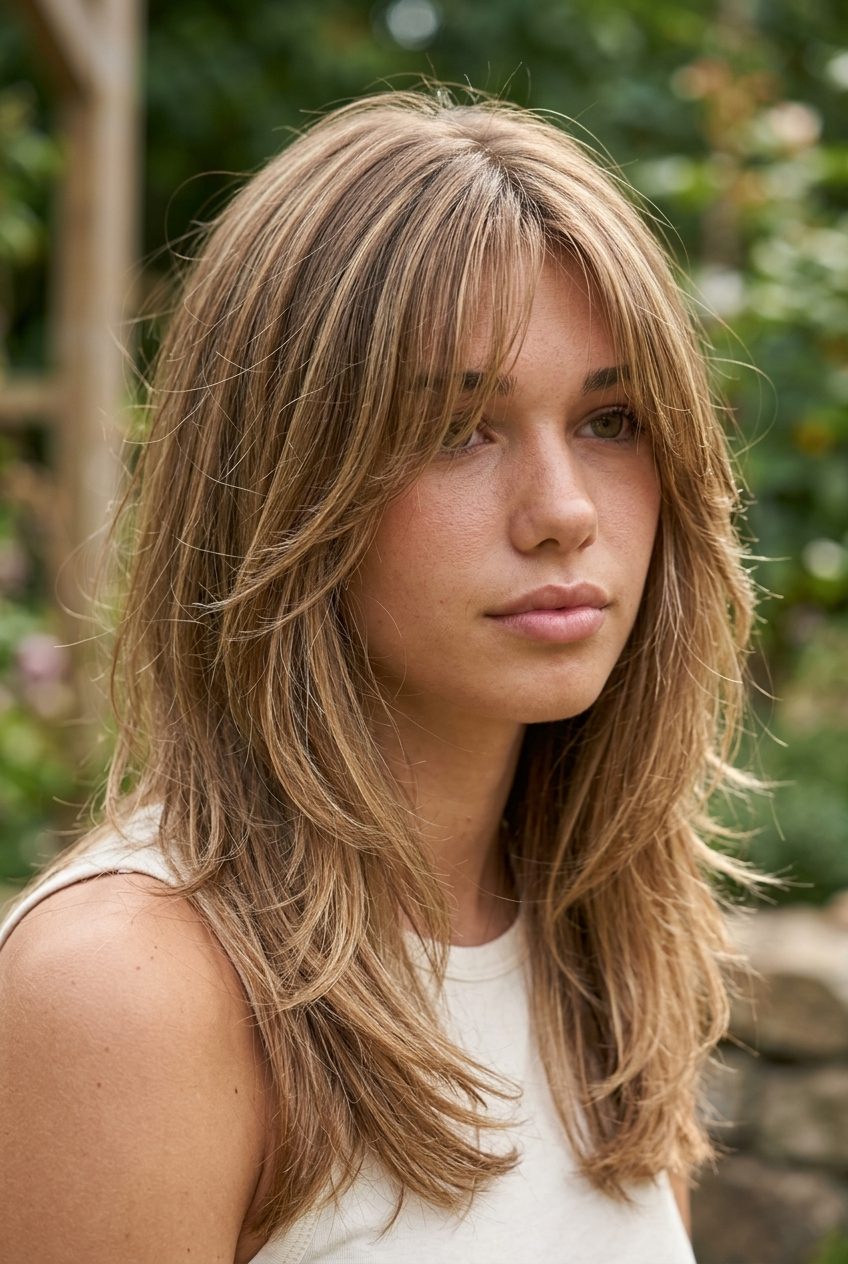 medium wavy shag haircut in warm brown with caramel babylights and ultra-long curtain fringe