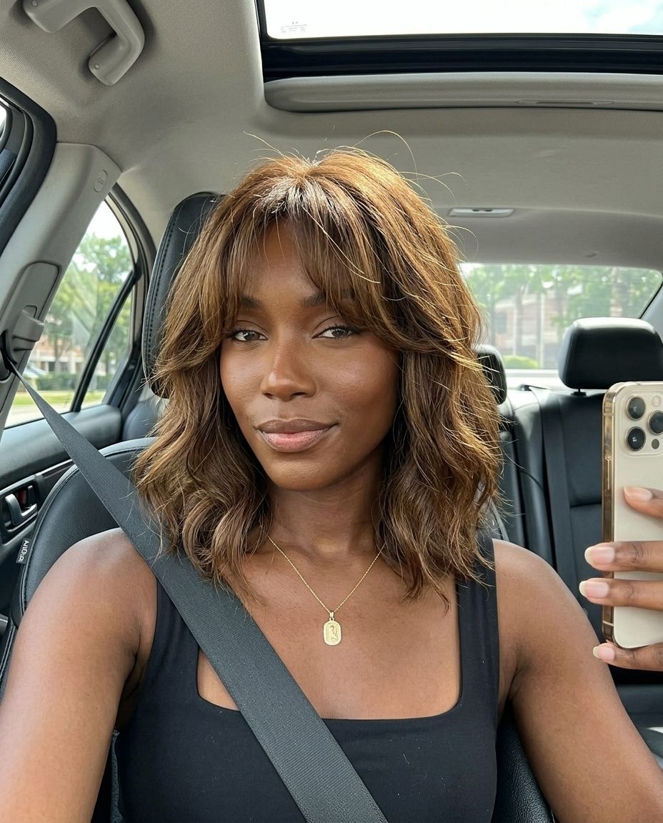 shoulder-length wavy shag haircut in warm brown with subtle sun-kissed ends and wispy curtain bangs