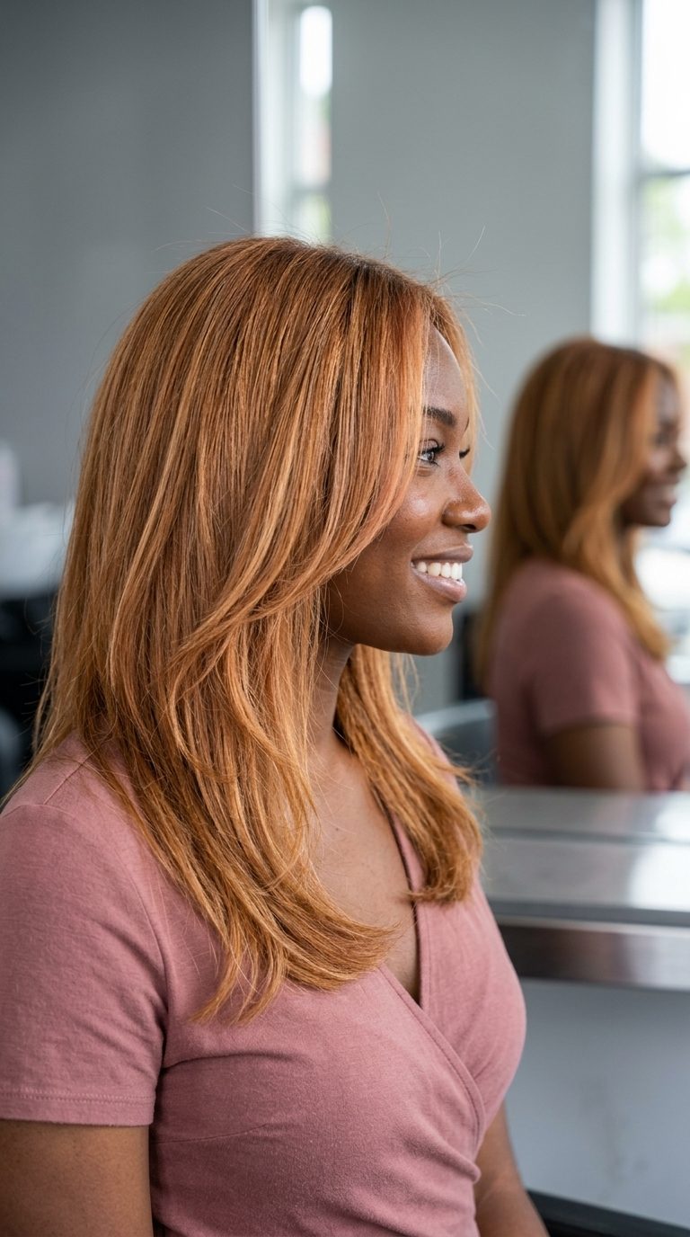 Warm Copper Blonde with Highlights 2026 long layered warm copper blonde with strawberry blonde highlights, balayage dimension — vibrant festival weekend