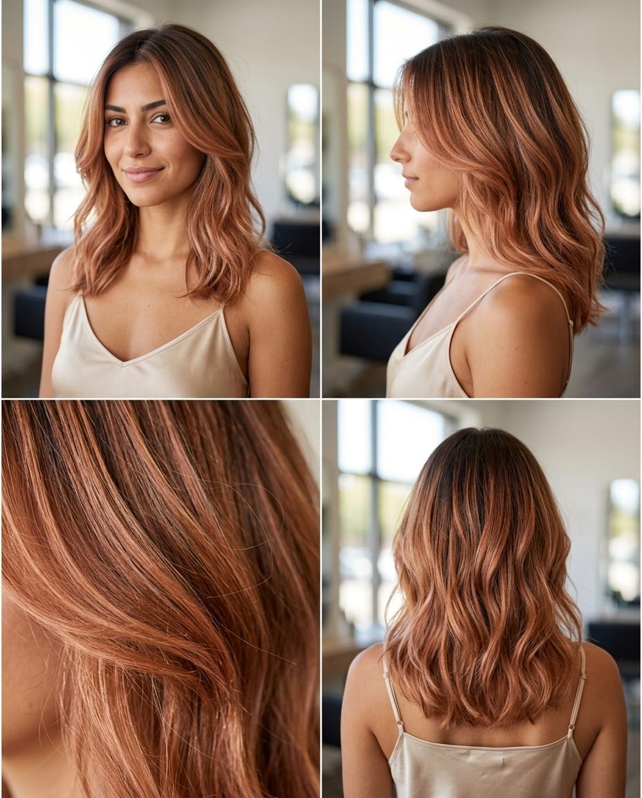 long balayage with warm copper and rose gold, freehand balayage technique, no fringe — playful festival look