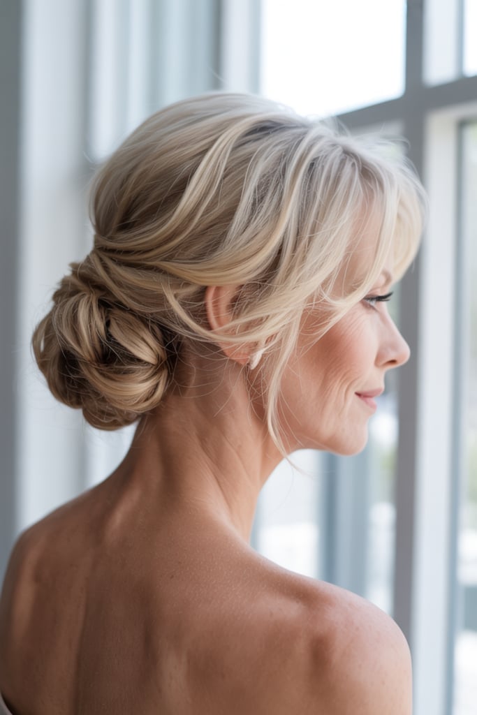Blonde Soft Textured Updo Bun With Side Sweep Blonde Soft Textured Updo Bun With Side Sweep — Wedding Bun Ideas