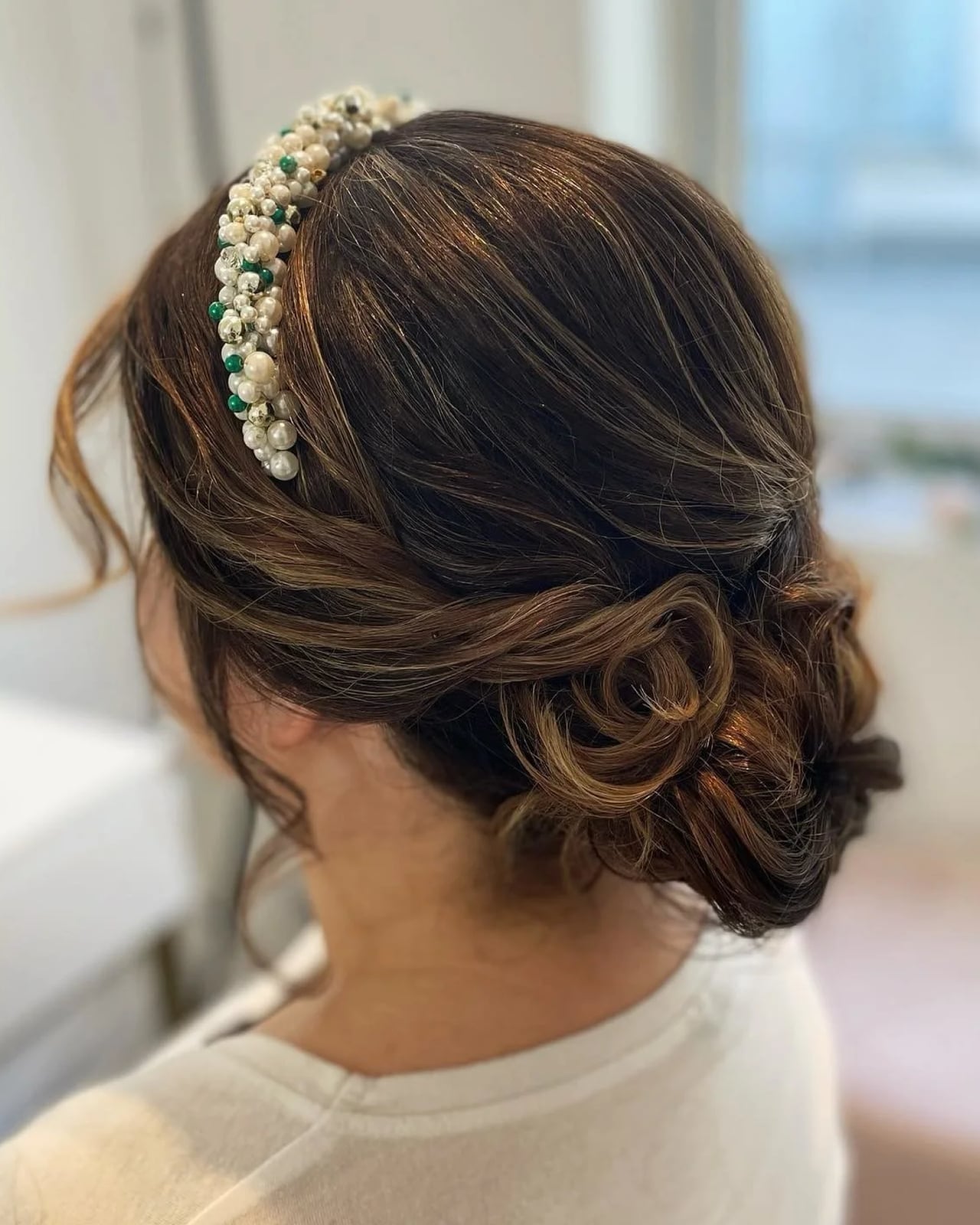 Dark Brown Loose Updo With Curls and Headband Dark Brown Loose Updo With Curls and Headband — Wedding Bun Ideas