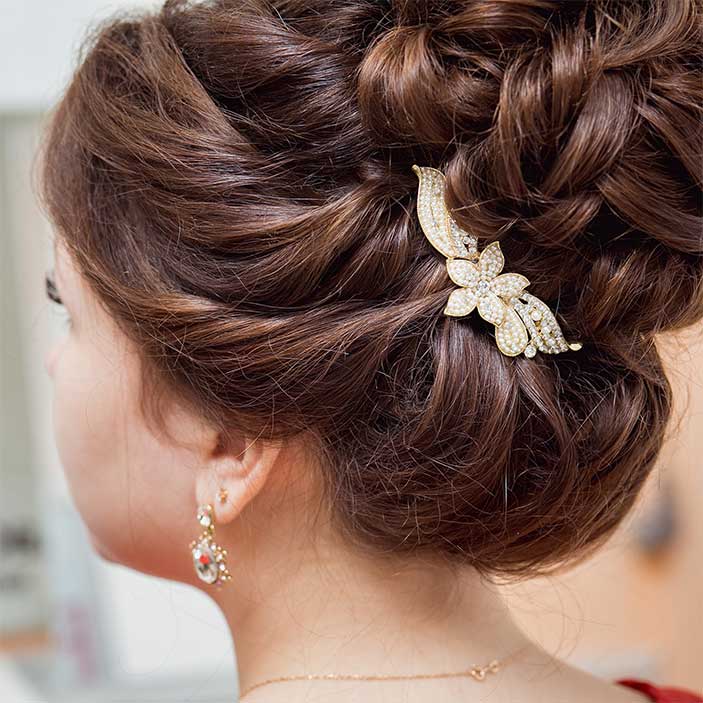 Dark Brown Textured Updo With Sparkling Floral Clip Dark Brown Textured Updo With Sparkling Floral Clip — Wedding Bun Ideas