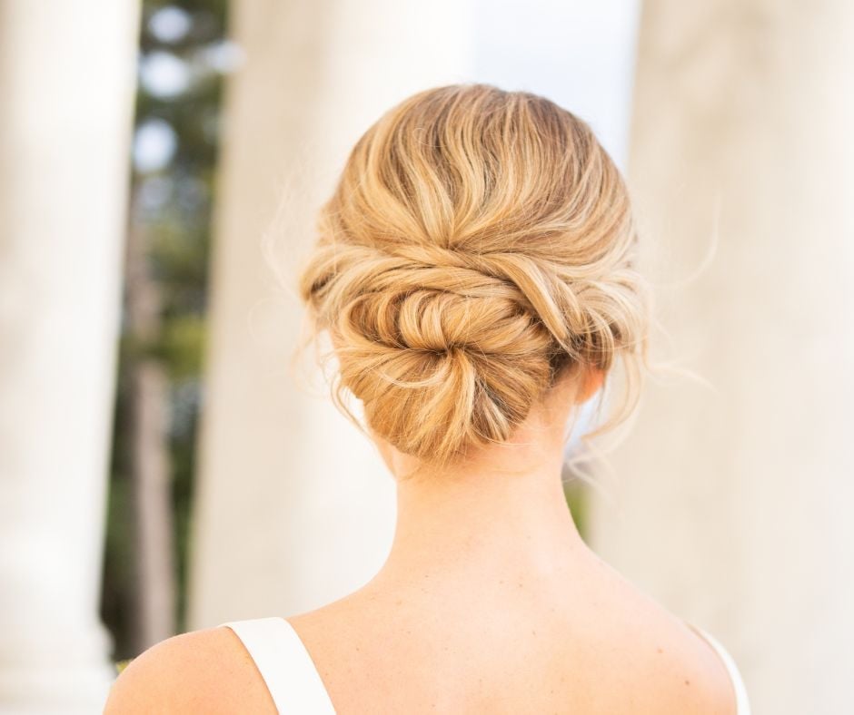 Blonde Collarbone Length Twisted Updo Blonde Collarbone Length Twisted Updo — Wedding Bun Ideas