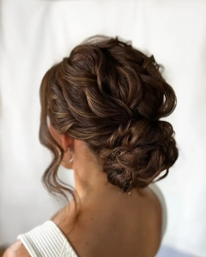 Rich Brown Voluminous Textured Bun With Side Parting Rich Brown Voluminous Textured Bun With Side Parting — Wedding Bun Ideas