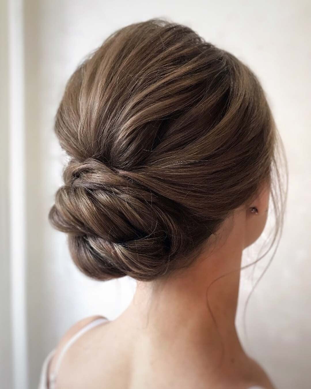 Medium Brown Smooth Twisted Low Bun Medium Brown Smooth Twisted Low Bun — Wedding Bun Ideas
