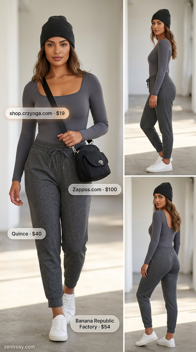 What to Wear with Bodysuit Summer 2026: Athleisure Luxe Charcoal grey bodysuit with joggers and sneakers for athleisure summer 2026 style.