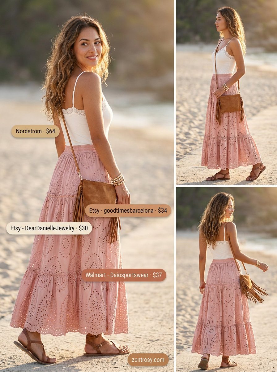 Boho Bodysuit Outfit 2026: Festival Ready Style Boho chic outfit: ivory lace bodysuit, dusty rose tiered maxi skirt, suede fringe bag, layered bracelets, gladiator sandals. What to wear with bodysuit summer 2026.