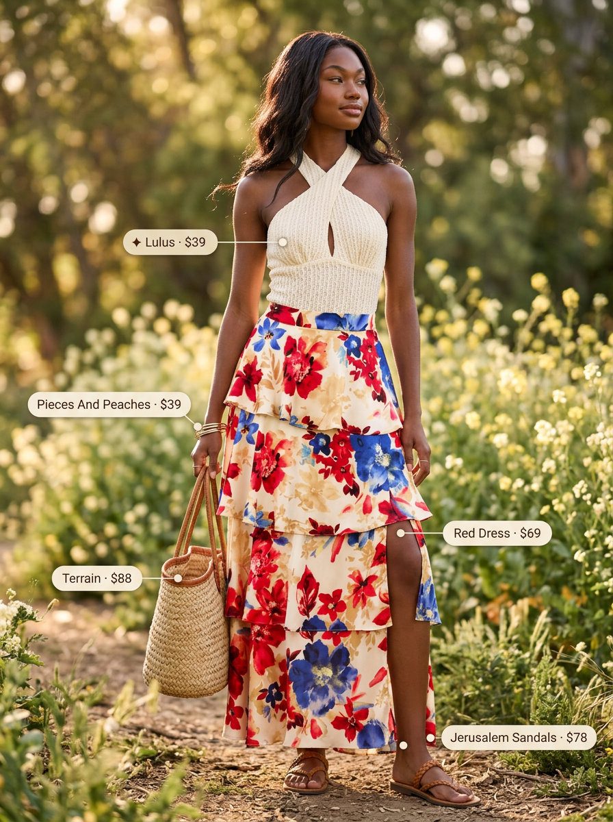 Boho Festival Bodysuit Outfit 2026 Boho cream crochet bodysuit with floral maxi skirt & flat sandals. What to wear with bodysuit summer 2026.